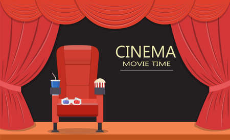 Cinema seat. theater stage with red curtains. Vector illustration in flat styleのイラスト素材