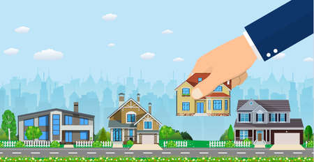 Human hand holding a house illustration.のイラスト素材