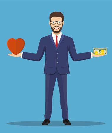 Businessman found his balance with love and money. Business concept. Vector illustration in flat styleのイラスト素材