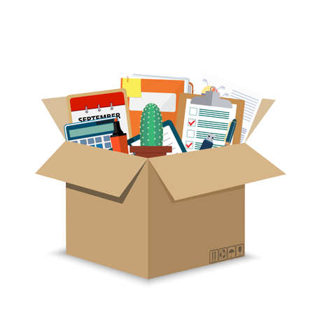 Office accessories in a cardboard box isolatedのイラスト素材