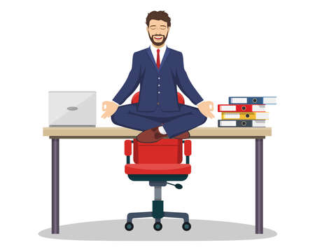 Business man, executive manager sitting on an office desk in yoga pose doing mindful meditation with smiling faceのイラスト素材
