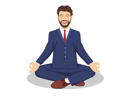 Business man sitting in the padmasana lotus pose. Office worker meditating, relaxing or doing yoga after stress and hard work day. Vector illustration in flat styleのイラスト素材