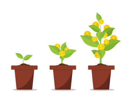 Money tree with coins growing. Financial Growth Concept. vector illustration in flat styleのイラスト素材