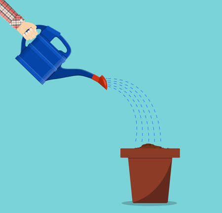 Hand holding watering can watering plant in pot. vector illustration in flat styleのイラスト素材
