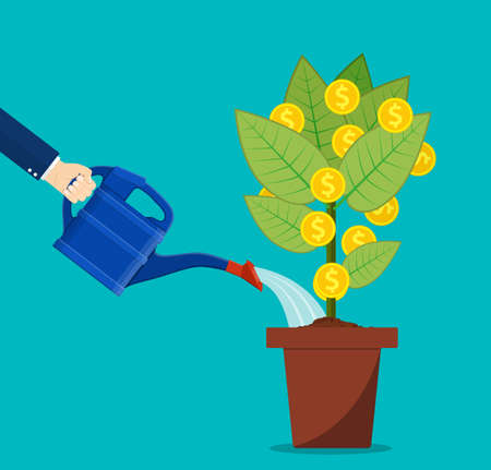 Businessman hand watering money tree. Money growth, investment, profit, financial management. Finance business concept. vector illustration in flat styleのイラスト素材