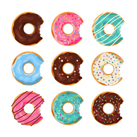 Set of colorful Donuts with a mouth bite isolated on white background. Top View Doughnuts collection into glaze for menu design, cafe decoration, delivery box. vector illustration in flat styleのイラスト素材