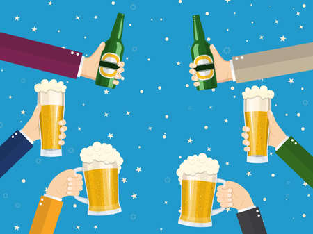 People clinking beer glasses and bottle of beer. concept of cheering people party celebration. Vector illustration in flat styleのイラスト素材