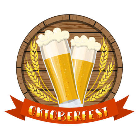 Glass of beer with craft foam lager ale on a wooden barrel. Oktoberfest beer festival cartoon poster, oktoberfest card design, menu, invitation. Vector illustration in flat styleのイラスト素材