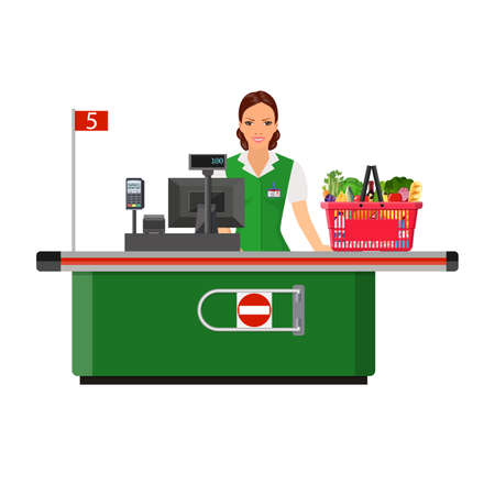 Woman cashier smiles buyer near the cash register supermarket. shopping cart with products. Vector illustration in flat styleのイラスト素材