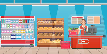 Supermarket store interior with goods.のイラスト素材