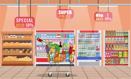 Supermarket store interior with goods.のイラスト素材