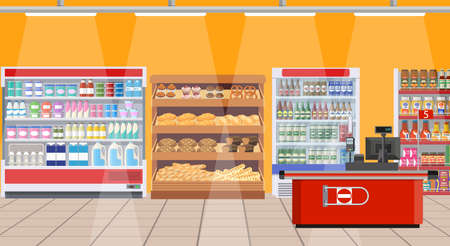 Supermarket store interior with goods. Big shopping mall. Interior store inside.のイラスト素材