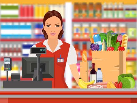 Groceries cashier at work. Female checkout cashier with foods against shelves with goods. Vector illustration in flat style.のイラスト素材