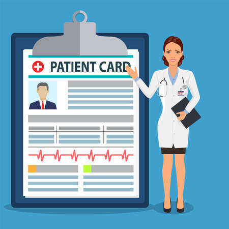 Doctor pointing at patient card medical clipboard.のイラスト素材