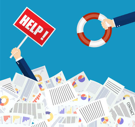 The hand of a man sticks out of a pile of papers.のイラスト素材