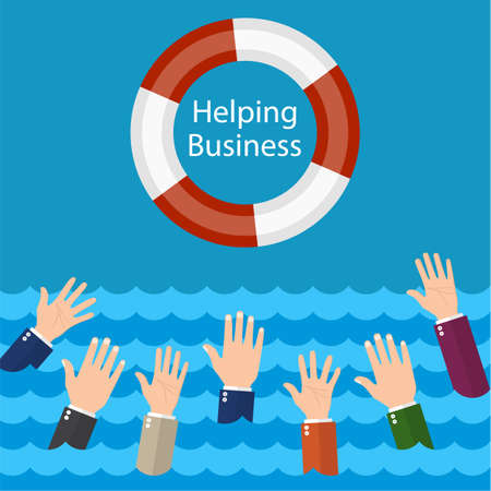 Helping Business survive. Drowning businessman getting lifebuoy for help, support, and survival.Vector illustration flat design.のイラスト素材