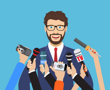 Business man giving an interview in the presence of journalists with microphones. vector illustration in flat styleのイラスト素材