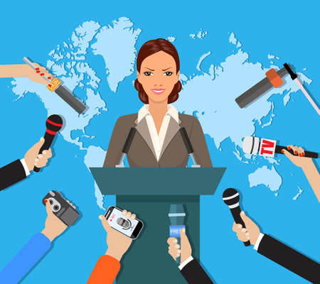 Press conference, world live tv news, interview. hands of journalists with microphones. vector illustration in flat style on blue background with world mapのイラスト素材