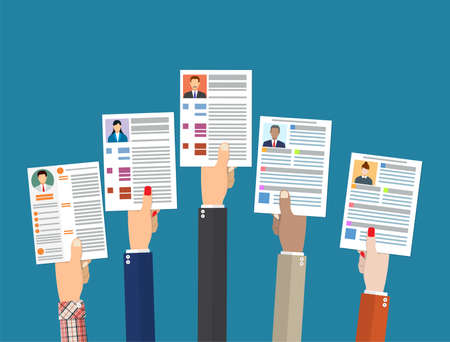 Hands holding cv resume documents. Human resources management concept, searching professional staff, work. Found right resume. Vector illustration in flat styleのイラスト素材
