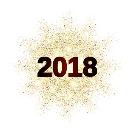 Gold glitter Happy New Year 2018; Glittering texture; Gold sparkles with frame Design element for...