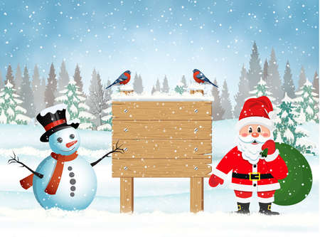 Santa Claus with gift bag and snowman and wooden sign against the the winter country landscape vectorのイラスト素材