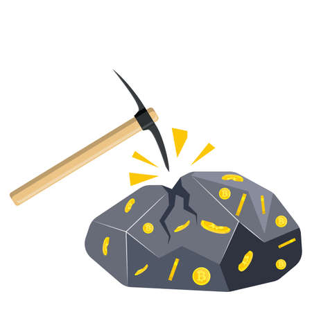 Golden coin with bitcoin sign and pickaxe. Mining symbol.のイラスト素材