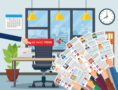 Office chair and cardboard paper with we need you message in hand of boss Vector illustration in flat styleのイラスト素材