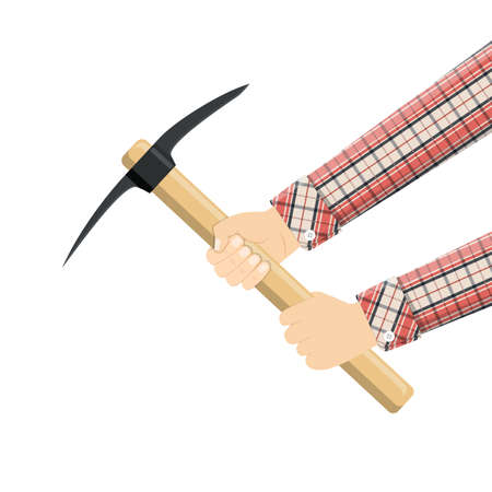 Wooden pickaxe with iron tip in hand. Miners hand tool for extracting minerals. Vector illustration in flat styleのイラスト素材