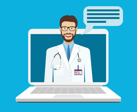 Online medical consultation and support. Online doctor. Vector illustration in flat styleのイラスト素材