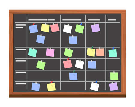 board full of tasks on sticky note cards. Development, team work, agenda, to do list. Vector illustration in flat styleのイラスト素材