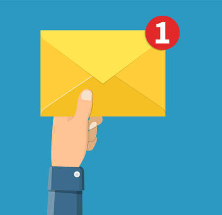 Email message concept. New, incoming message, sms. Hand holding envelope, letter. Delivery of messages, sms. Mail notification sending messages Coming messagesのイラスト素材