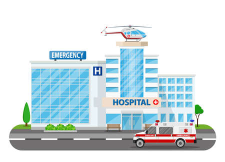 Hospital building, medical icon. Healthcare, hospital and medical diagnostics. Urgency and emergency services. Road, tree. Car and helicopter. Vector illustration in flat styleのイラスト素材