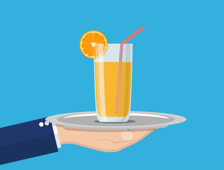 Orange juice in glass cup on tray in handのイラスト素材