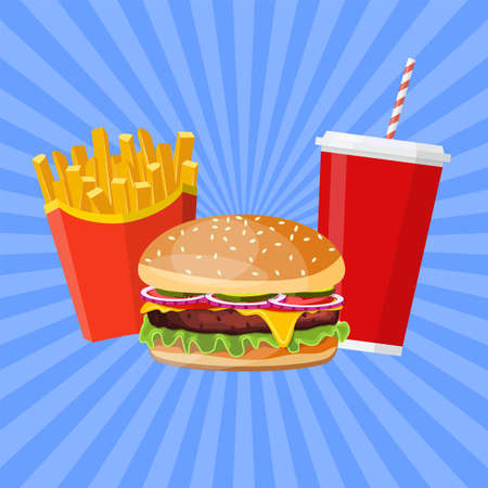 Hamburger with cheese, tomato and salad. Vector illustration.のイラスト素材