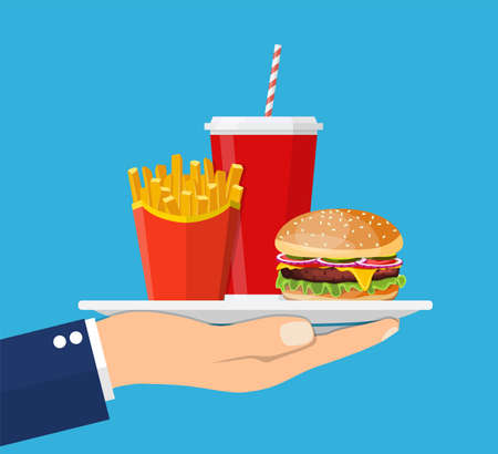 Waiter serving a hamburger french fries and soda Vector illustration.のイラスト素材
