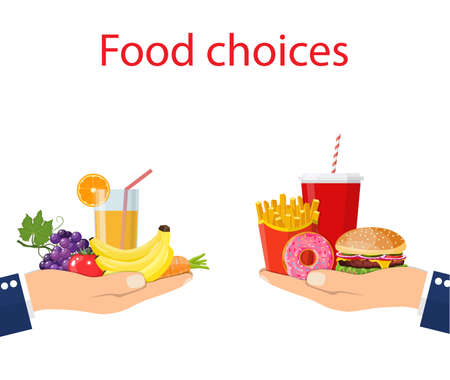 Food choice. Healthy and junk eating. Vector illustration.のイラスト素材