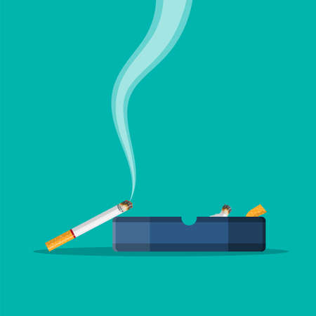 White ceramic ashtray full of smokes cigarettes. Vector illustration.のイラスト素材