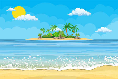 Summer beach with a sun and an islandのイラスト素材