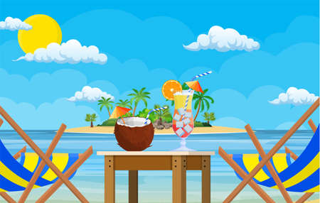 Landscape of wooden chaise lounge with drinks.のイラスト素材