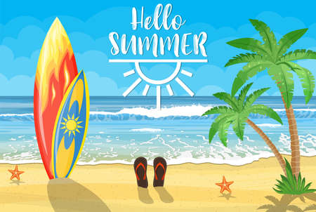 Sea and sand beach. Holiday sea summer with colored surfboard. Vector illustration in flat styleのイラスト素材
