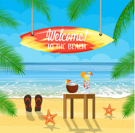 Beach things and surfboard summer holidays. Coconut with cold drink, alcohol cocktail. Vector illustration in flat styleのイラスト素材