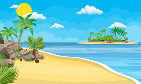 Landscape of palm tree on beach. Day in tropical place. Vector illustration in flat styleのイラスト素材