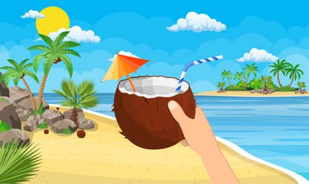 Coconut with cold drink, alcohol cocktail in hand. Landscape of palm tree on beach. Day in tropical place. Vacation and holidays. Vector illustration flat styleのイラスト素材