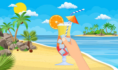 Glass of cold drink, alcohol cocktail in hand. Landscape of palm tree on beach. Day in tropical place. Vacation and holidays. Vector illustration in flat styleのイラスト素材
