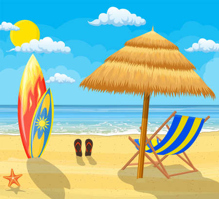 surfboards on a beach against a sunny seascape vector illustrationのイラスト素材