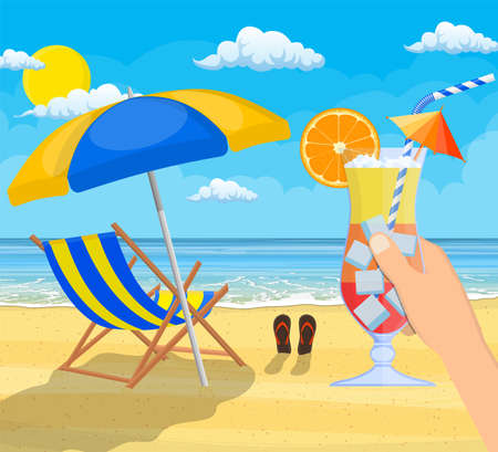 Glass of drink cocktail in hand. Landscape of wooden chaise lounge, umbrella, flip flops on beach.のイラスト素材