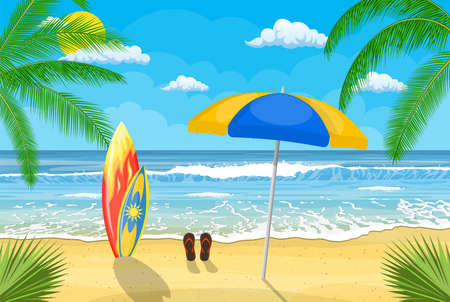 Surfboards on a beach against a sunny seascapeのイラスト素材