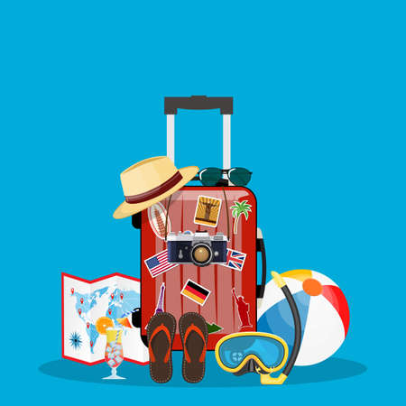 Travel bag with hat and sunglasses, luggage illustration on blue background.のイラスト素材