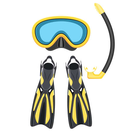 Scuba mask and snorkel, diving flippers isolated on white background. Vector illustration in flat style.のイラスト素材