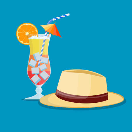 Hat of summer and glass of cold drink illustration.のイラスト素材